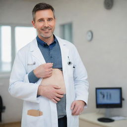 A professional male doctor with a visibly pregnant belly, wearing a white coat, holding a stethoscope. He is in a medical office filled with medical equipment.