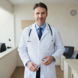 A professional male doctor with a visibly pregnant belly, wearing a white coat, holding a stethoscope. He is in a medical office filled with medical equipment.