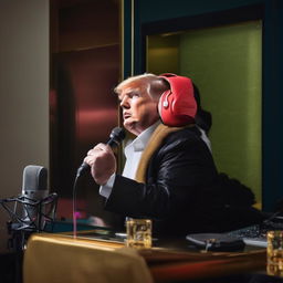 Donald Trump, wearing oversized headphones and stylish streetwear, leaning into a glitzy studio microphone. He radiates a vibe of both contention and comedic absurdity while laying down a rap dis-track.