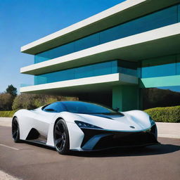 A sleek, futuristic car parked on a clean billiards green avenue under a clear blue sky