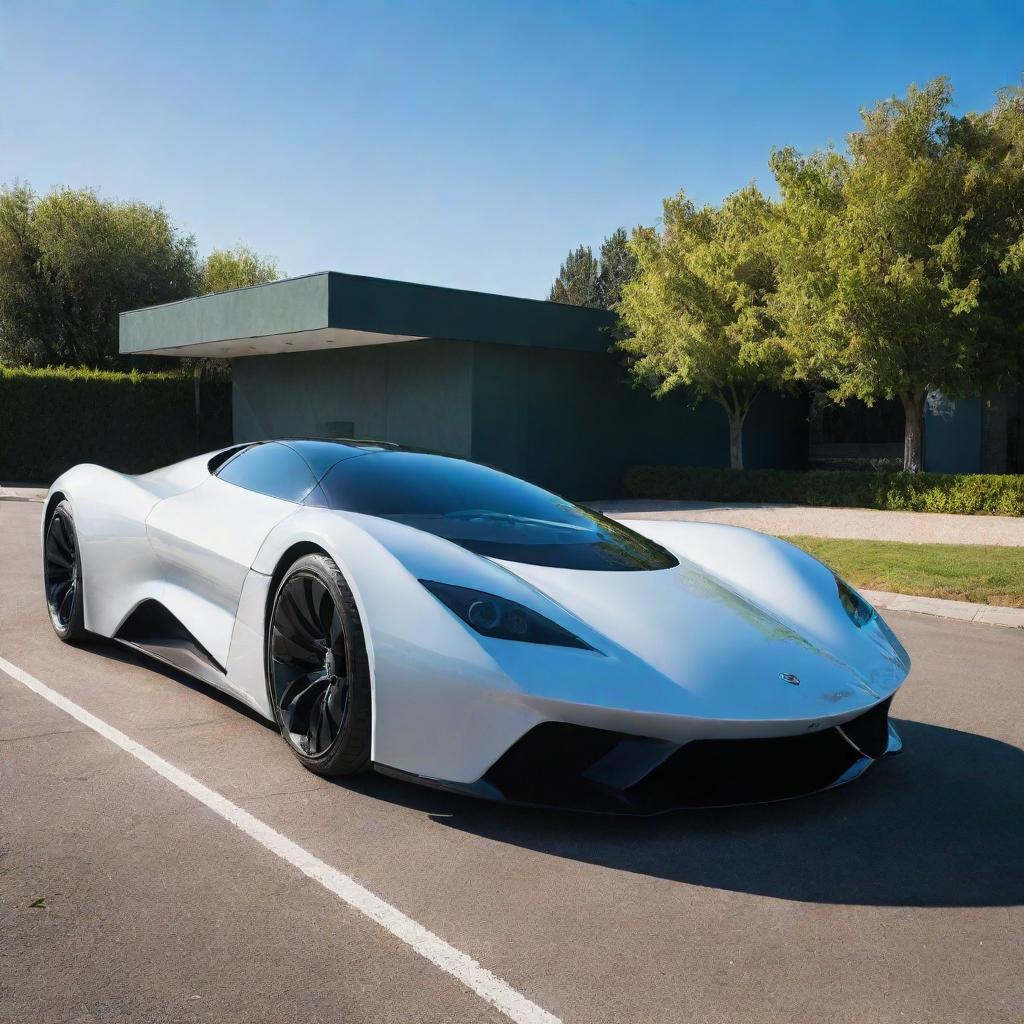 A sleek, futuristic car parked on a clean billiards green avenue under a clear blue sky