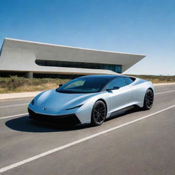 A sleek, futuristic car parked on a clean billiards green avenue under a clear blue sky