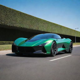 A sleek, futuristic car parked on a clean billiards green avenue under a clear blue sky