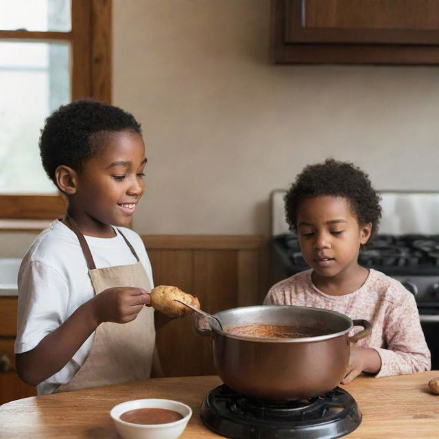 A chocolate-colored young boy carefully boiling a potato in a cozy kitchen, while a slightly chubby, chocolate-colored young girl watches with anticipation.