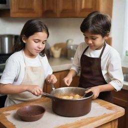 A chocolate-colored young boy carefully boiling a potato in a cozy kitchen, while a slightly chubby, chocolate-colored young girl watches with anticipation.