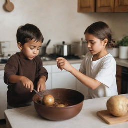 A chocolate-colored young boy carefully boiling a potato in a cozy kitchen, while a slightly chubby, chocolate-colored young girl watches with anticipation.