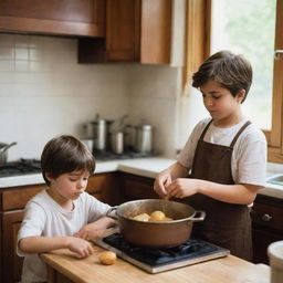 A chocolate-colored young boy carefully boiling a potato in a cozy kitchen, while a slightly chubby, chocolate-colored young girl watches with anticipation.