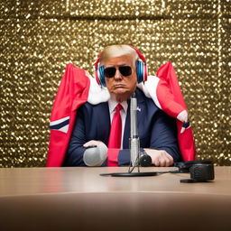 Donald Trump, wearing oversized headphones and stylish streetwear, leaning into a glitzy studio microphone. He radiates a vibe of both contention and comedic absurdity while laying down a rap dis-track.