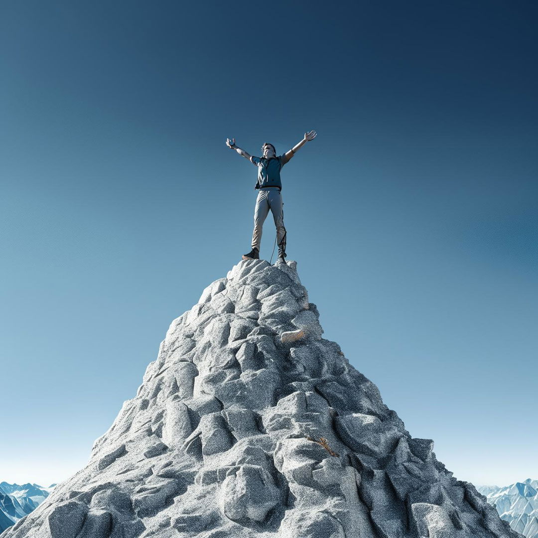 A man standing triumphantly on top of a shining silver mountain with a clear sky in the background