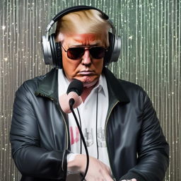 Donald Trump, wearing oversized headphones and stylish streetwear, leaning into a glitzy studio microphone. He radiates a vibe of both contention and comedic absurdity while laying down a rap dis-track.