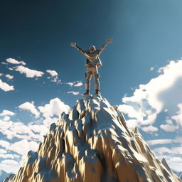 A man standing triumphantly on top of a shining silver mountain with a clear sky in the background