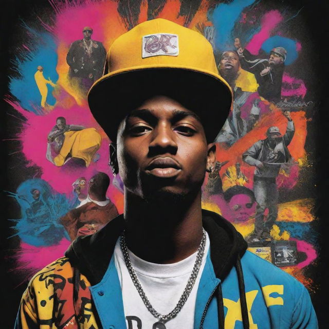 Create a high-energy poster for a rap song titled 'Full Power'. Include elements of urban culture, music symbols, and powerful, dynamic colours to depict the song's energy.