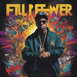 Create a high-energy poster for a rap song titled 'Full Power'. Include elements of urban culture, music symbols, and powerful, dynamic colours to depict the song's energy.