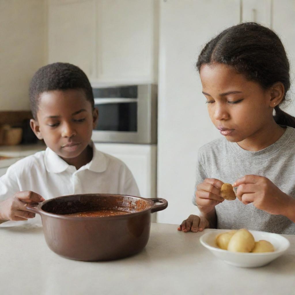 A chocolate-colored young boy boiling a whole potato in a casserole dish, as a slightly chubby, chocolate-colored young girl watches in anticipation.