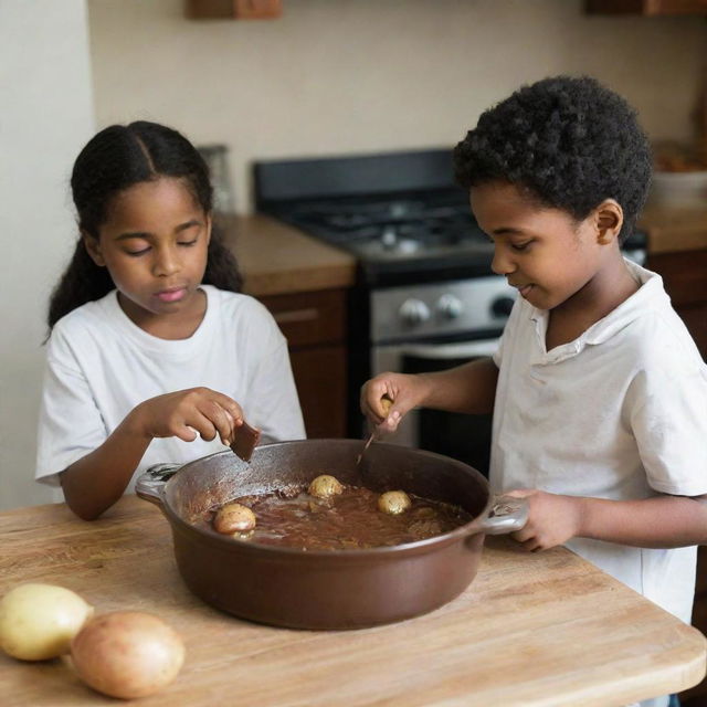 A chocolate-colored young boy boiling a whole potato in a casserole dish, as a slightly chubby, chocolate-colored young girl watches in anticipation.