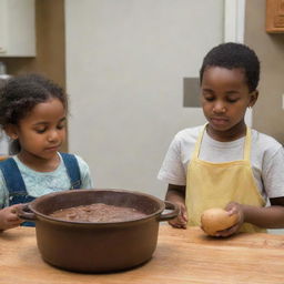 A chocolate-colored young boy boiling a whole potato in a casserole dish, as a slightly chubby, chocolate-colored young girl watches in anticipation.