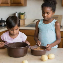 A chocolate-colored young boy boiling a whole potato in a casserole dish, as a slightly chubby, chocolate-colored young girl watches in anticipation.