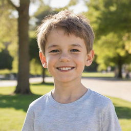 A young boy in casual clothing, charmingly smiling with a background of a sunny park.