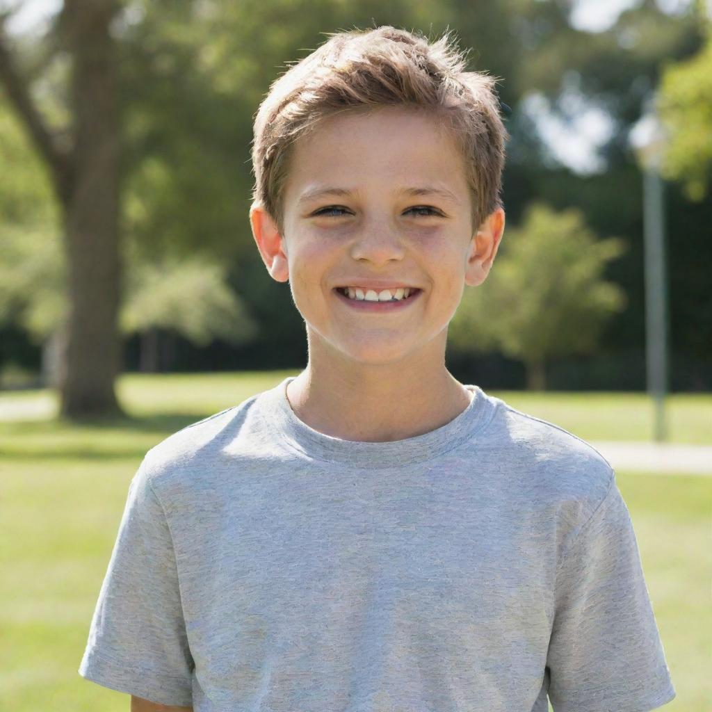 A young boy in casual clothing, charmingly smiling with a background of a sunny park.