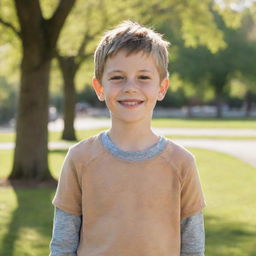 A young boy in casual clothing, charmingly smiling with a background of a sunny park.