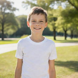 A young boy in casual clothing, charmingly smiling with a background of a sunny park.