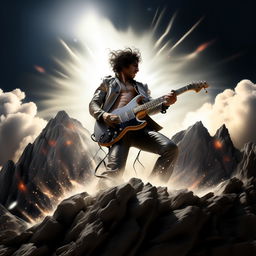 The man on top of the shining silver mountain, passionately shredding an electric guitar with energy radiating around him