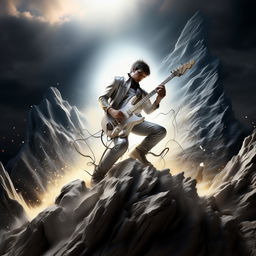 The man on top of the shining silver mountain, passionately shredding an electric guitar with energy radiating around him