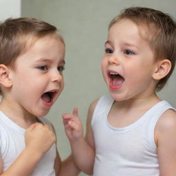 A cheerful young child passionately motivating his sad-looking reflection in a mirror, both are displayed with expressive features.