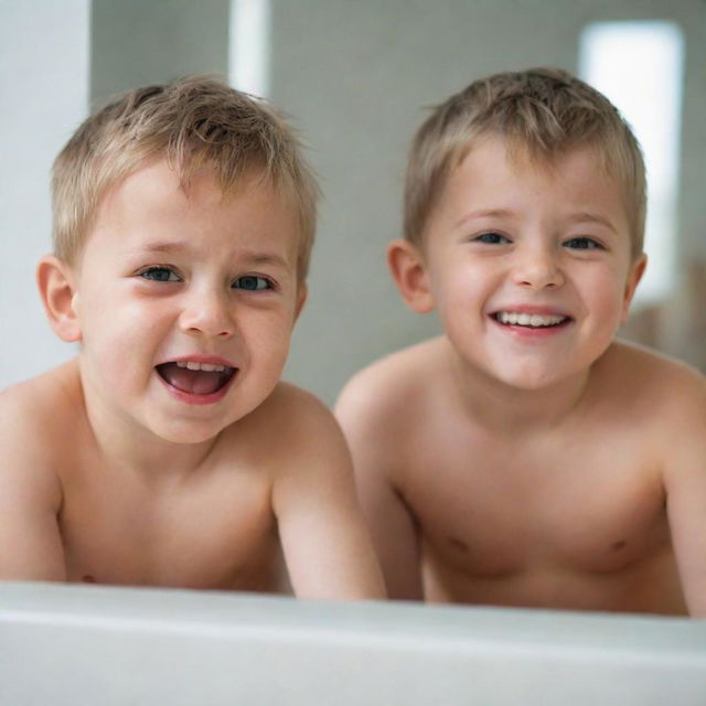 A cheerful young child passionately motivating his sad-looking reflection in a mirror, both are displayed with expressive features.