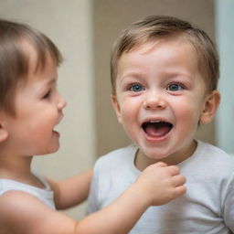 A cheerful young child passionately motivating his sad-looking reflection in a mirror, both are displayed with expressive features.