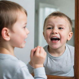 A cheerful young child passionately motivating his sad-looking reflection in a mirror, both are displayed with expressive features.