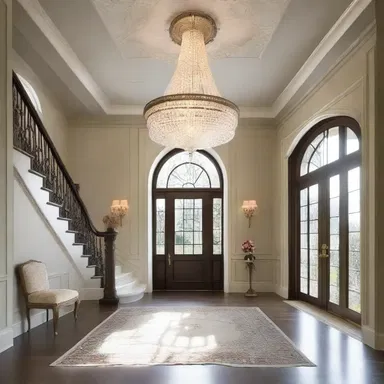 The grand chandelier in the foyer was adorned with trinkets, adding a touch of elegance to the space.