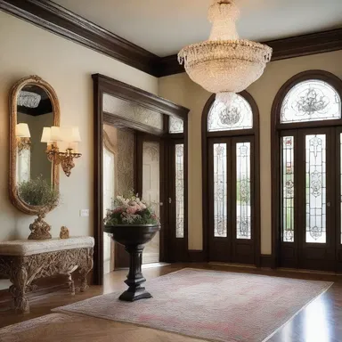 The grand chandelier in the foyer was adorned with trinkets, adding a touch of elegance to the space.