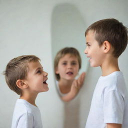 A young spirited kid heartily motivating his older, disheartened reflection in a mirror, exhibiting the contrast in their emotions distinctly.