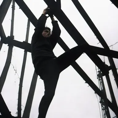 The suspenseful movie scene showed the protagonist desperately reaching for a clamp to hold a falling structure in place.