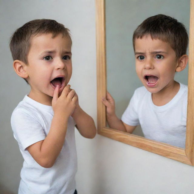 A young spirited kid heartily motivating his older, disheartened reflection in a mirror, exhibiting the contrast in their emotions distinctly.