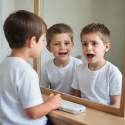 A young spirited kid heartily motivating his older, disheartened reflection in a mirror, exhibiting the contrast in their emotions distinctly.