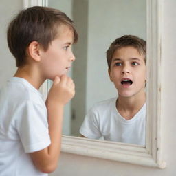 A young spirited kid heartily motivating his older, disheartened reflection in a mirror, exhibiting the contrast in their emotions distinctly.