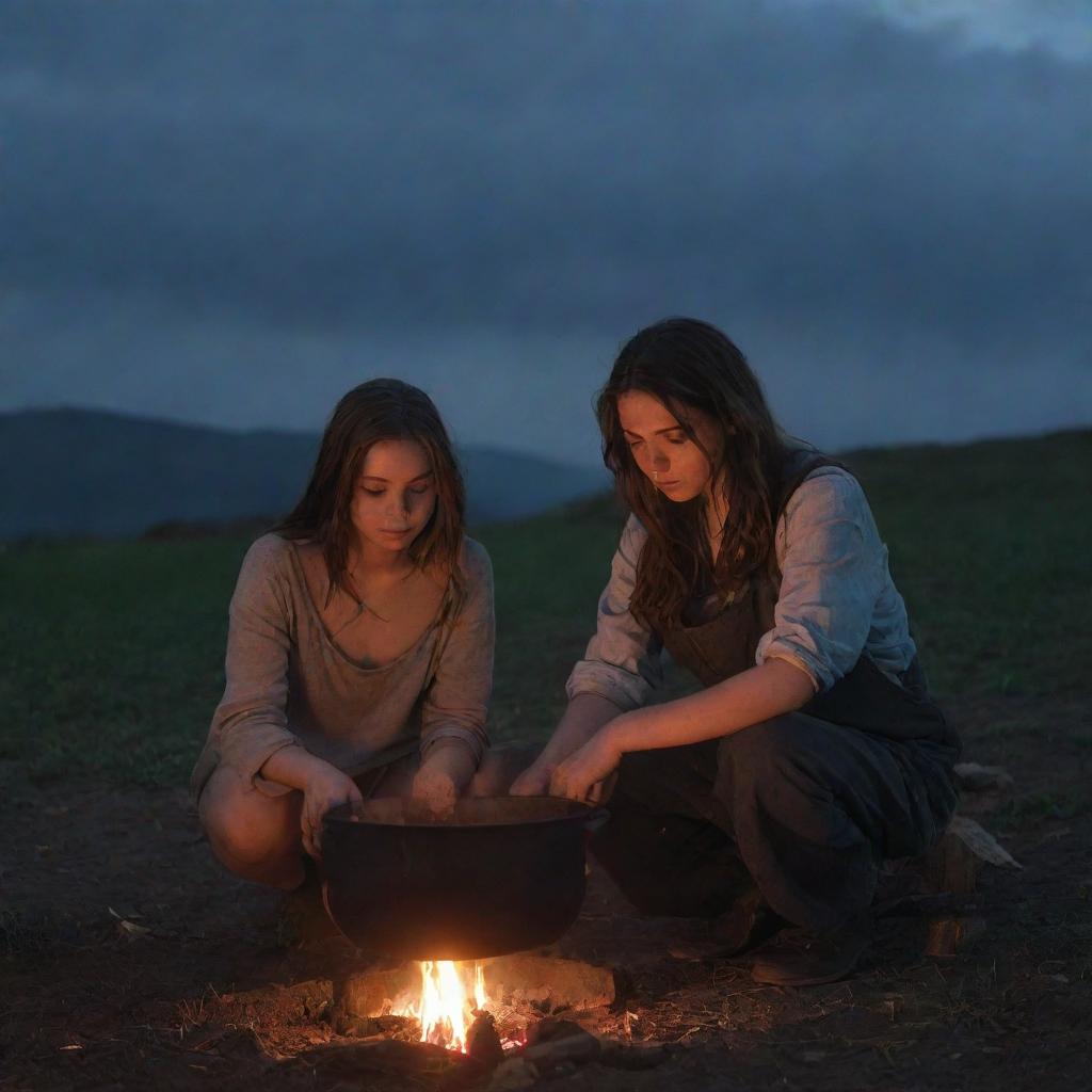 A 22-year-old boy at dusk, outlined against the darkening sky, boiling a pot full of potatoes over a charcoal fire. A curvy 20-year-old girl watches nearby, her face illuminated by the fiery glow.