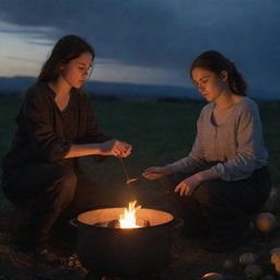 A 22-year-old boy at dusk, outlined against the darkening sky, boiling a pot full of potatoes over a charcoal fire. A curvy 20-year-old girl watches nearby, her face illuminated by the fiery glow.