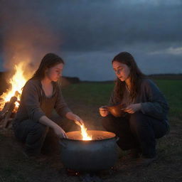 A 22-year-old boy at dusk, outlined against the darkening sky, boiling a pot full of potatoes over a charcoal fire. A curvy 20-year-old girl watches nearby, her face illuminated by the fiery glow.