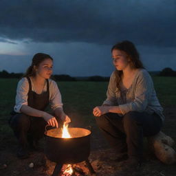 A 22-year-old boy at dusk, outlined against the darkening sky, boiling a pot full of potatoes over a charcoal fire. A curvy 20-year-old girl watches nearby, her face illuminated by the fiery glow.