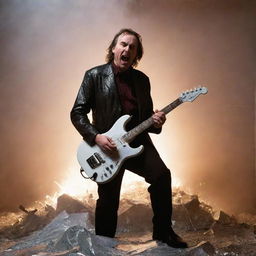 The man on top of the shining silver mountain, passionately shredding an electric guitar with energy radiating around him