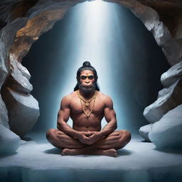 Lord Hanuman meditating peacefully in a serene cave, encased in a glowing, transparent ice shield