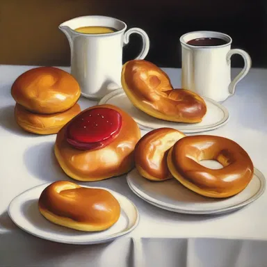The still-life painting featured a beigel alongside other breakfast pastries, beautifully capturing its glazed and golden appearance.