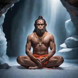 Lord Hanuman meditating peacefully in a serene cave, encased in a glowing, transparent ice shield