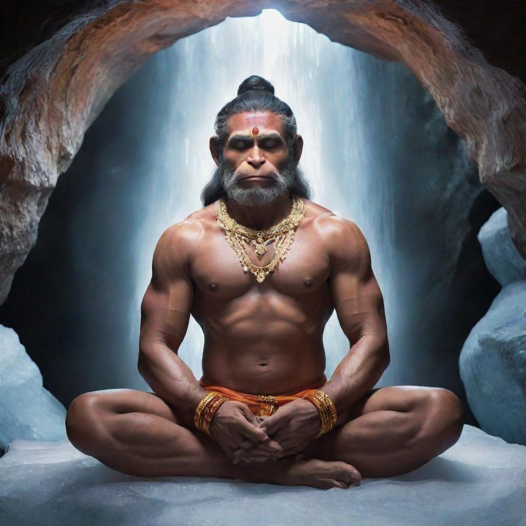 Lord Hanuman meditating peacefully in a serene cave, encased in a glowing, transparent ice shield