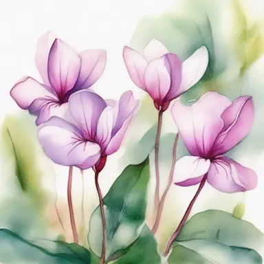 The delicate and elegant form of the cyclamen flowers inspired the artist to create a beautiful watercolor painting.