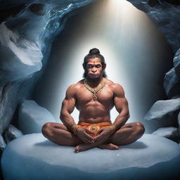 Lord Hanuman meditating peacefully in a serene cave, encased in a glowing, transparent ice shield