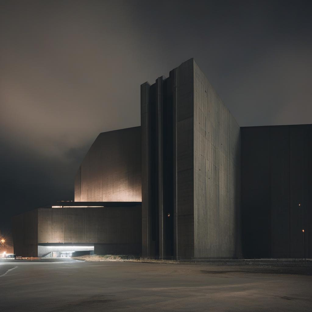 The Brutalist industrial megastructure now seems minuscule nestled within an intensely dark, melancholic expanse. The surroundings heighten in their sullen moodiness, enveloping the scene in a near-tangible cloak of brooding shadow.